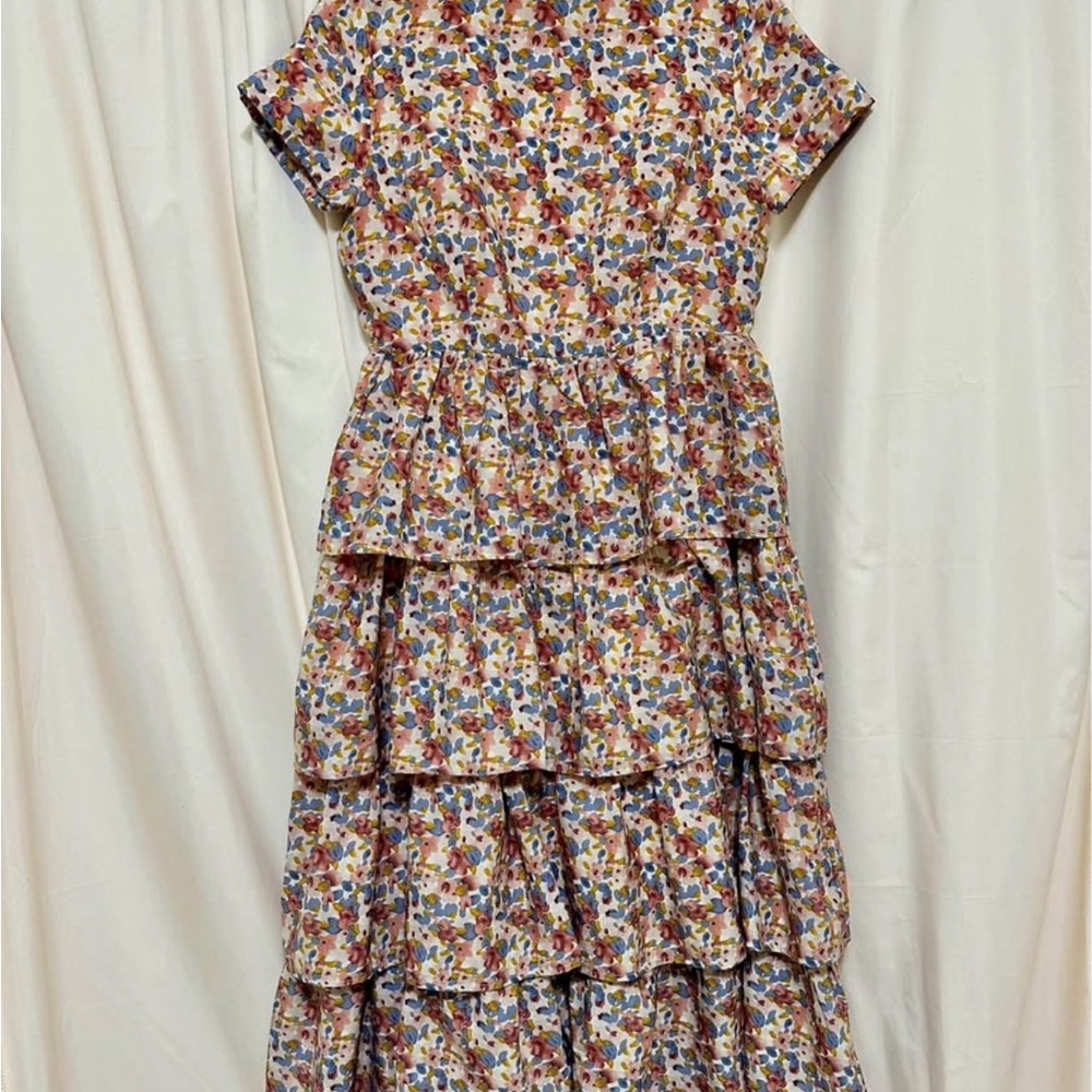 JessaKae Floral Tiered Maxi Dress in White, Blue, Pink, Brown